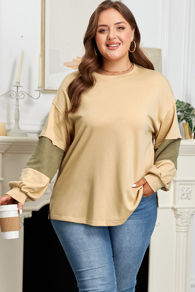 Exposed Seam Contrast Texture Patchwork Plus Size Drop Shoulder Pullover