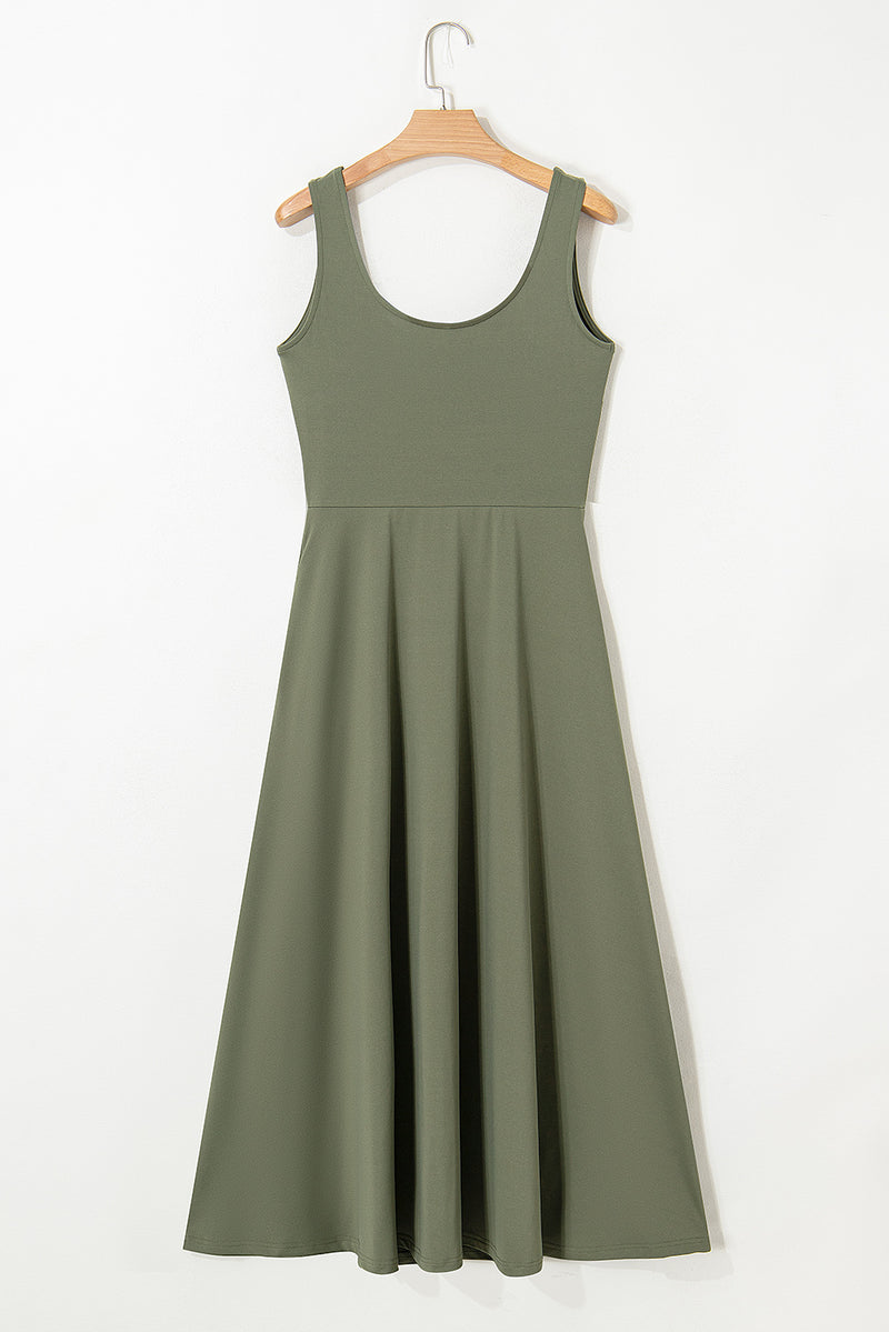 Clover Sleeveless Scoop Neck Flared Split Midi Dress