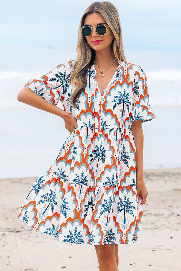 Contrast Palm Tree Printed Short Sleeve Flowy Dress