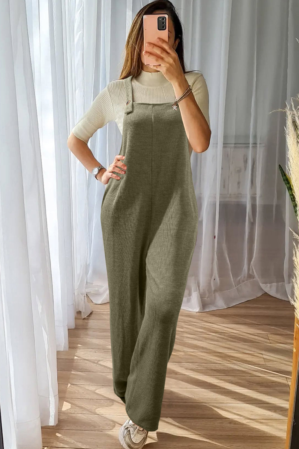 Laurel Green Solid Color Knit Loose Straight Leg Casual Overall Jumpsuit