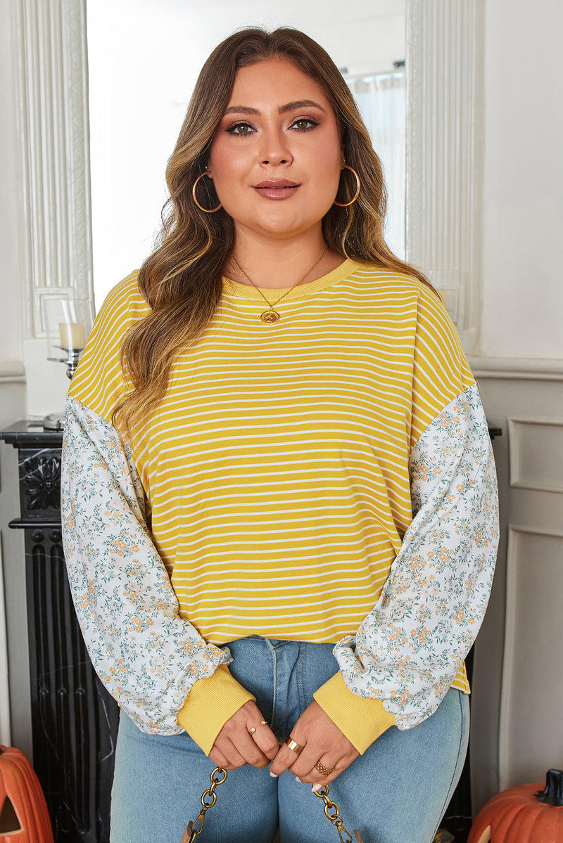 Stripe Striped Contrast Floral Sleeve Patchwork Plus Size Loose Top