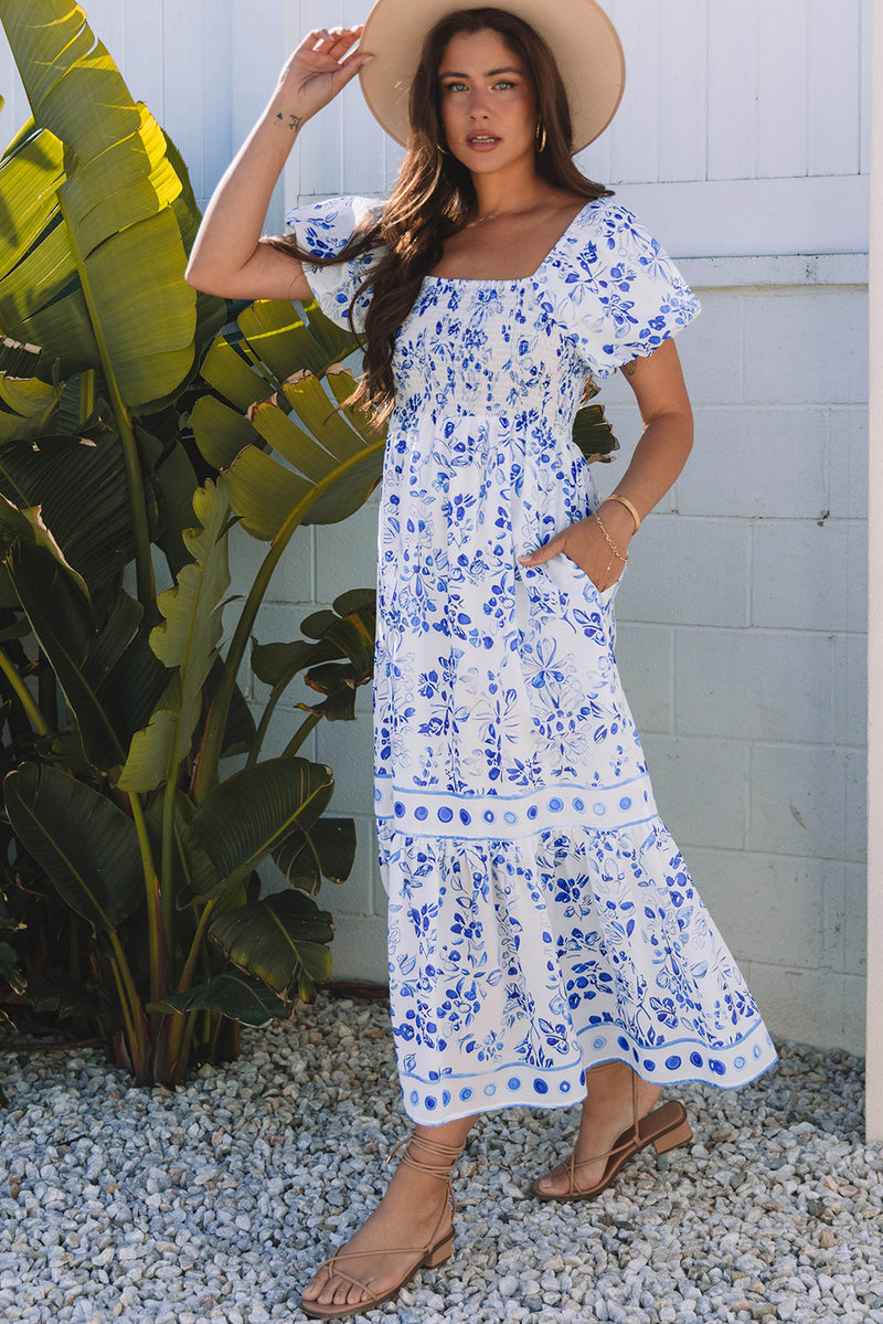 Floral Print Square Neck Bubble Sleeve High Waist Maxi Dress