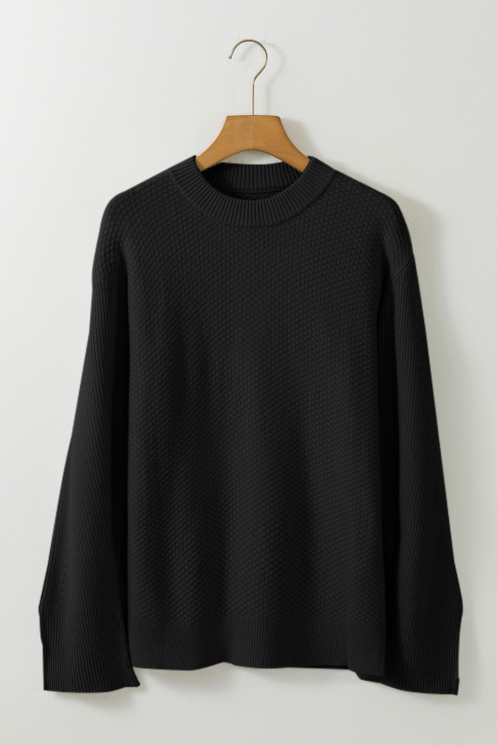 Solid Textured Knit Split Cuff Drop Shoulder Loose Sweater