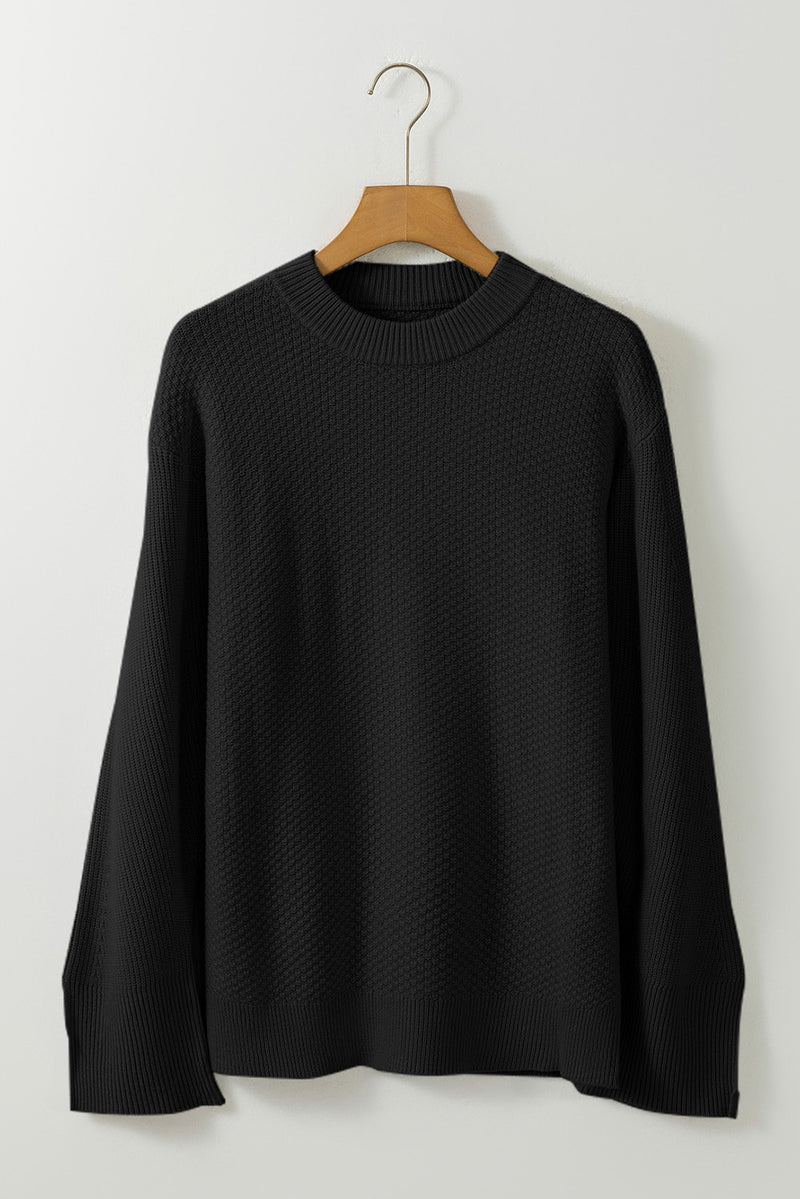 Solid Textured Knit Split Cuff Drop Shoulder Loose Sweater