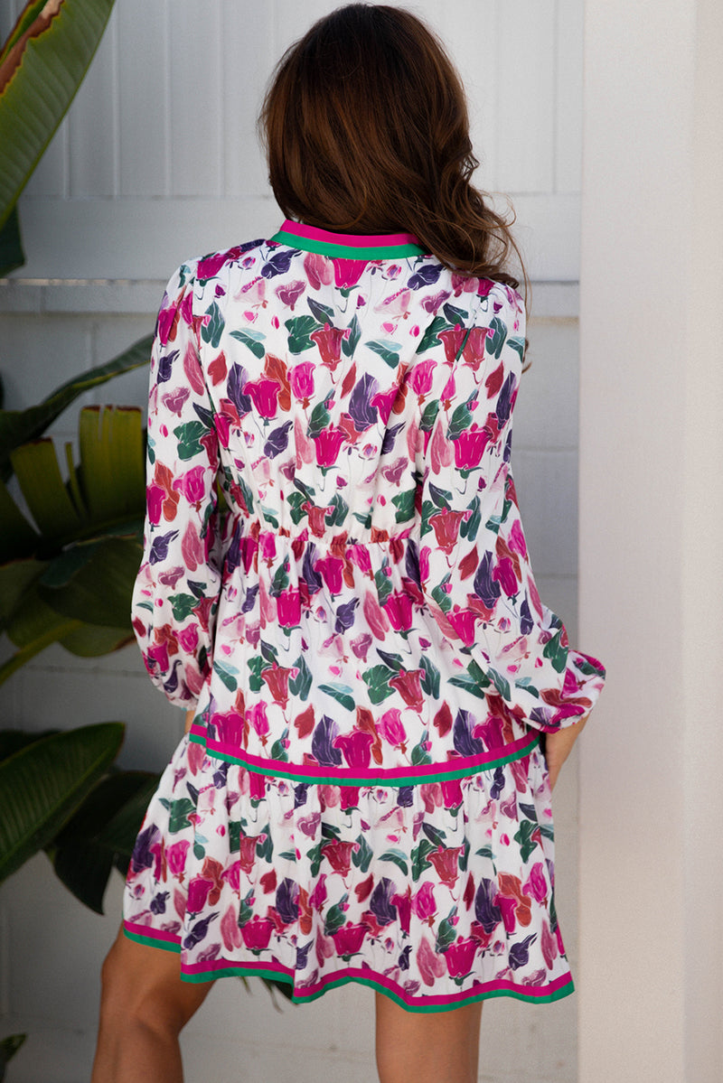 Floral Print Contrast Striped Detail Long Sleeve Mini Dress
