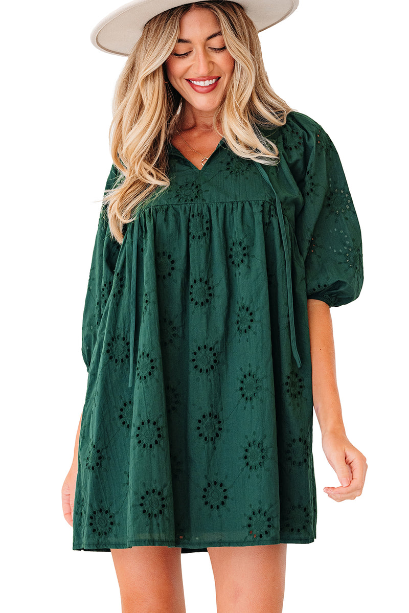 Embroidered Eyelet Pattern 3/4 Puffy Sleeve Swing Mini Dress