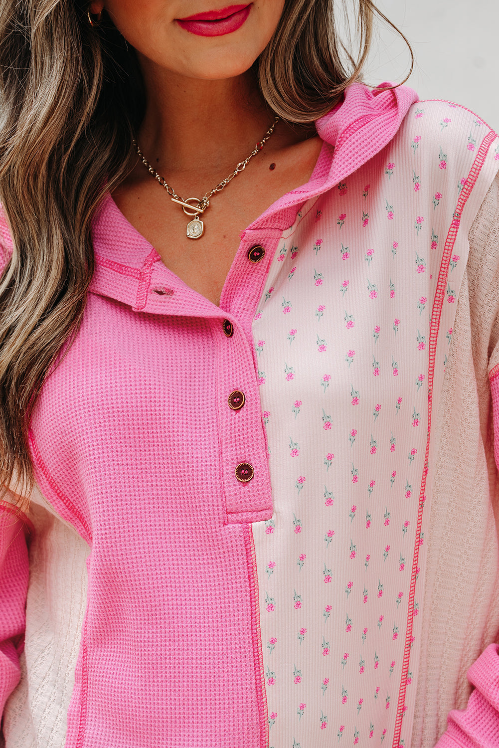 Mixed Texture Waffle Floral Patchwork Hooded Oversize Pullover