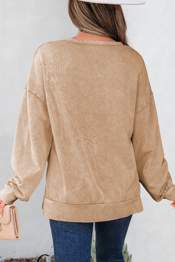 Beige Mineral Wash Big Bow Patchwork Pullover Sweatshirt