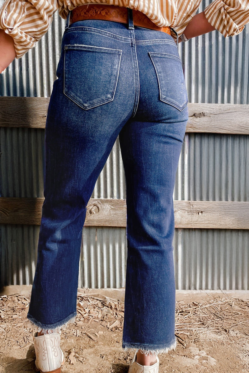Turquoise Pattern Raw Edge Cropped High Waist Jeans