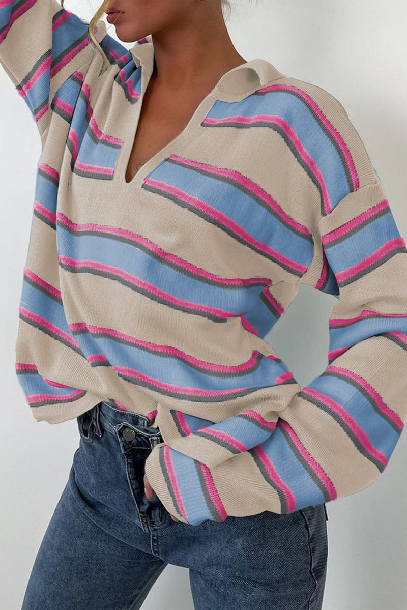 Parchment Stripe Collared V Neck Drop Shoulder Loose Sweater