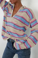 Parchment Stripe Collared V Neck Drop Shoulder Loose Sweater