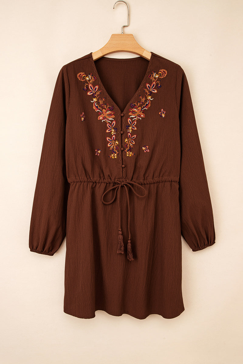 Floral Embroidered Tassel Tie Waist Long Sleeve Mini Dress