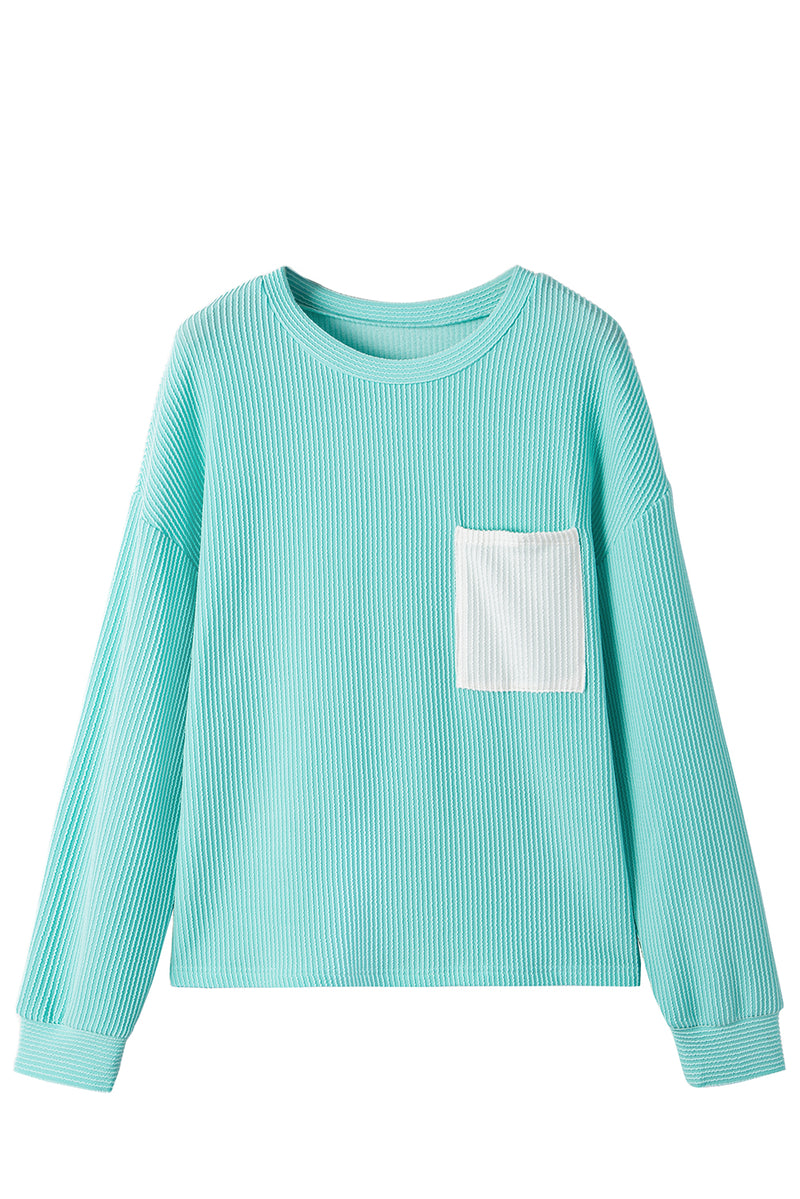 3D Ribbed Texture Contrast Patched Pocket Long Sleeve Top