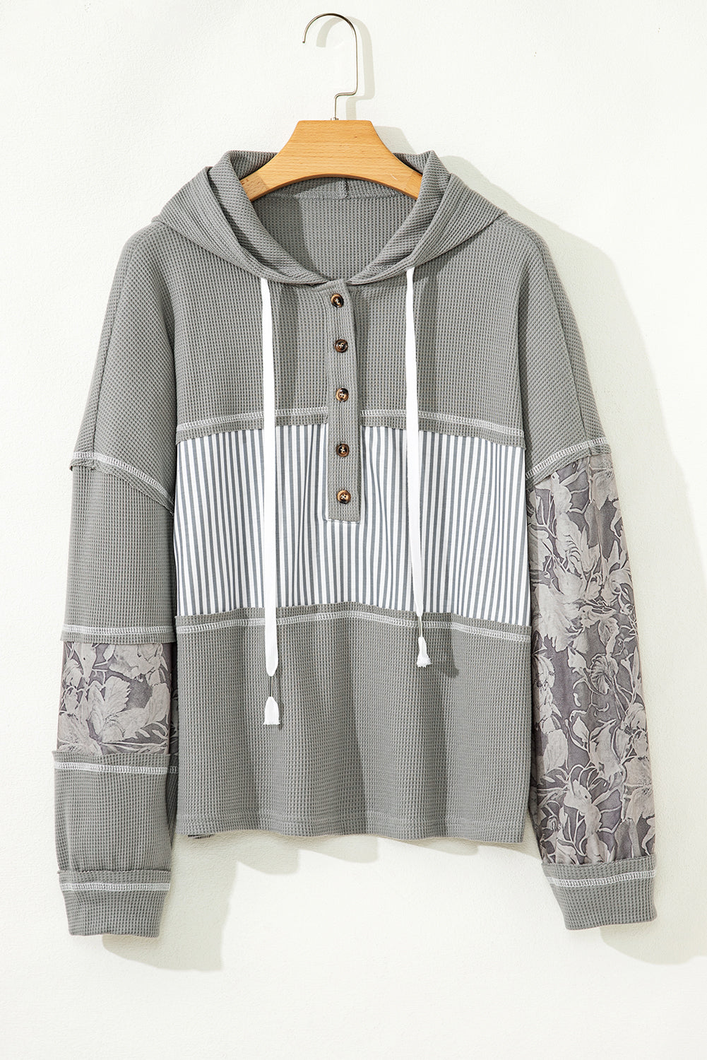 Waffle Printed Patchwork Drawstring Hooded Long Sleeve Top