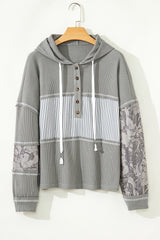 Waffle Printed Patchwork Drawstring Hooded Long Sleeve Top