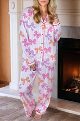 Striped Bow Print Contrast Piping Trim Shirt and Pants 2pcs Pajama Set
