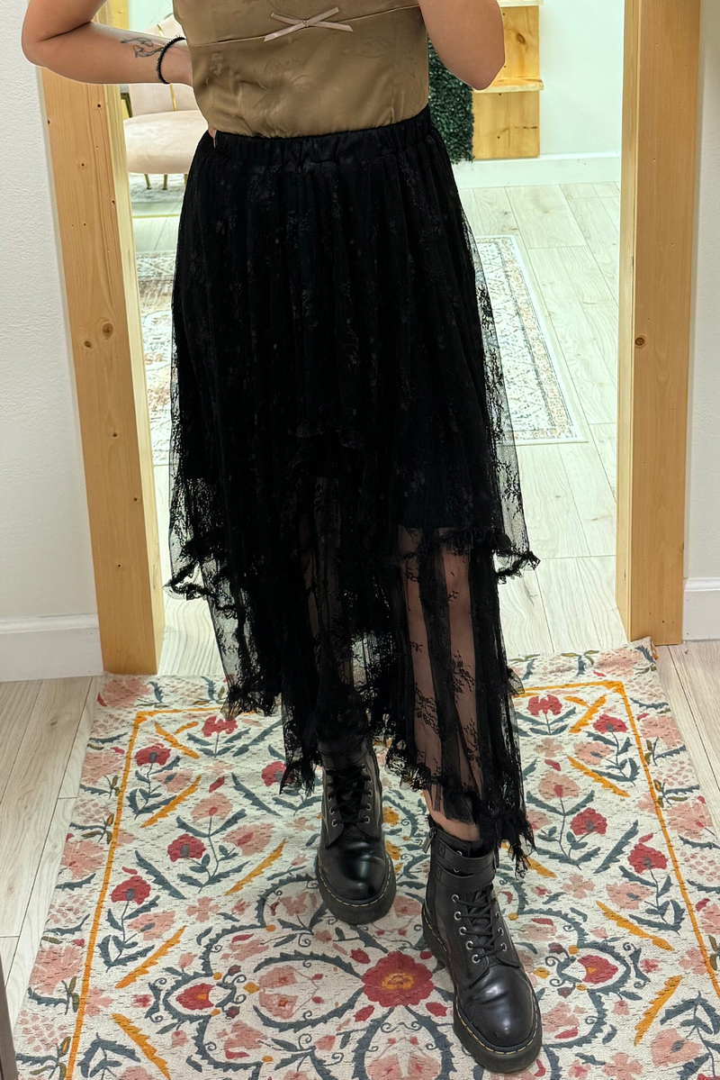 Lace Cascading Tiered High Waist Maxi Skirt