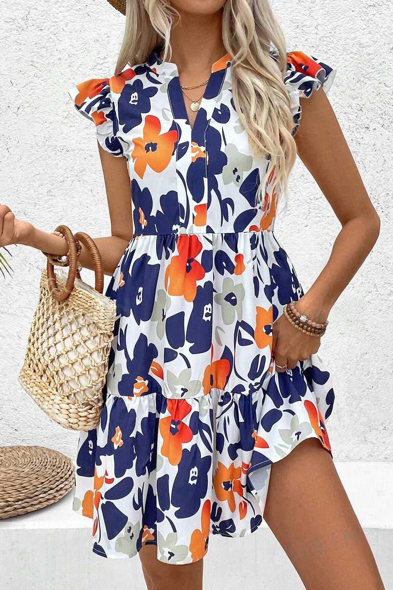 Floral Print Notched Neck Flutter Sleeve Mini Dress