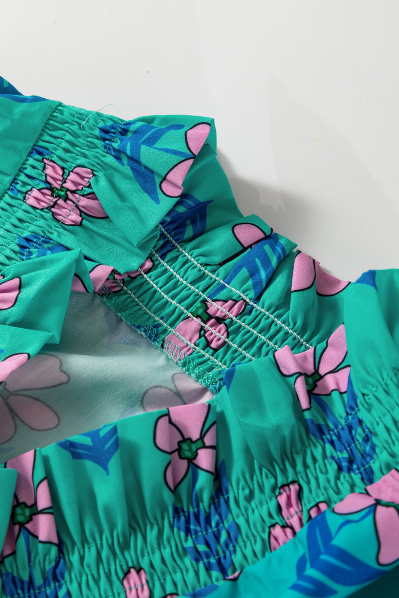 Floral Print Frilly Smocked Detail High Waist Mini Dress