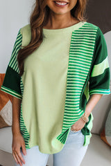 Striped Patchwork Textured Colorblock 3/4 Sleeve Knit Top