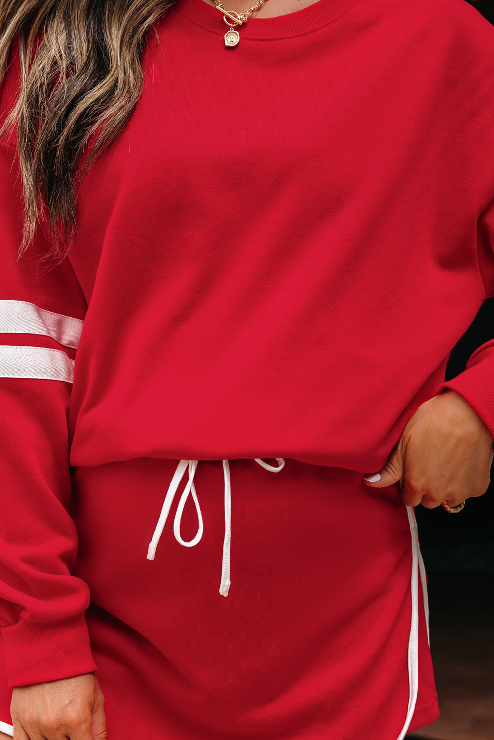 Varsity Stripe Detail Drop Shoulder Pullover Mini Skirt Set