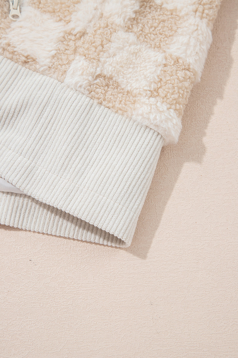 Checker Sherpa Corduroy Patchwork Zip up Collared Jacket