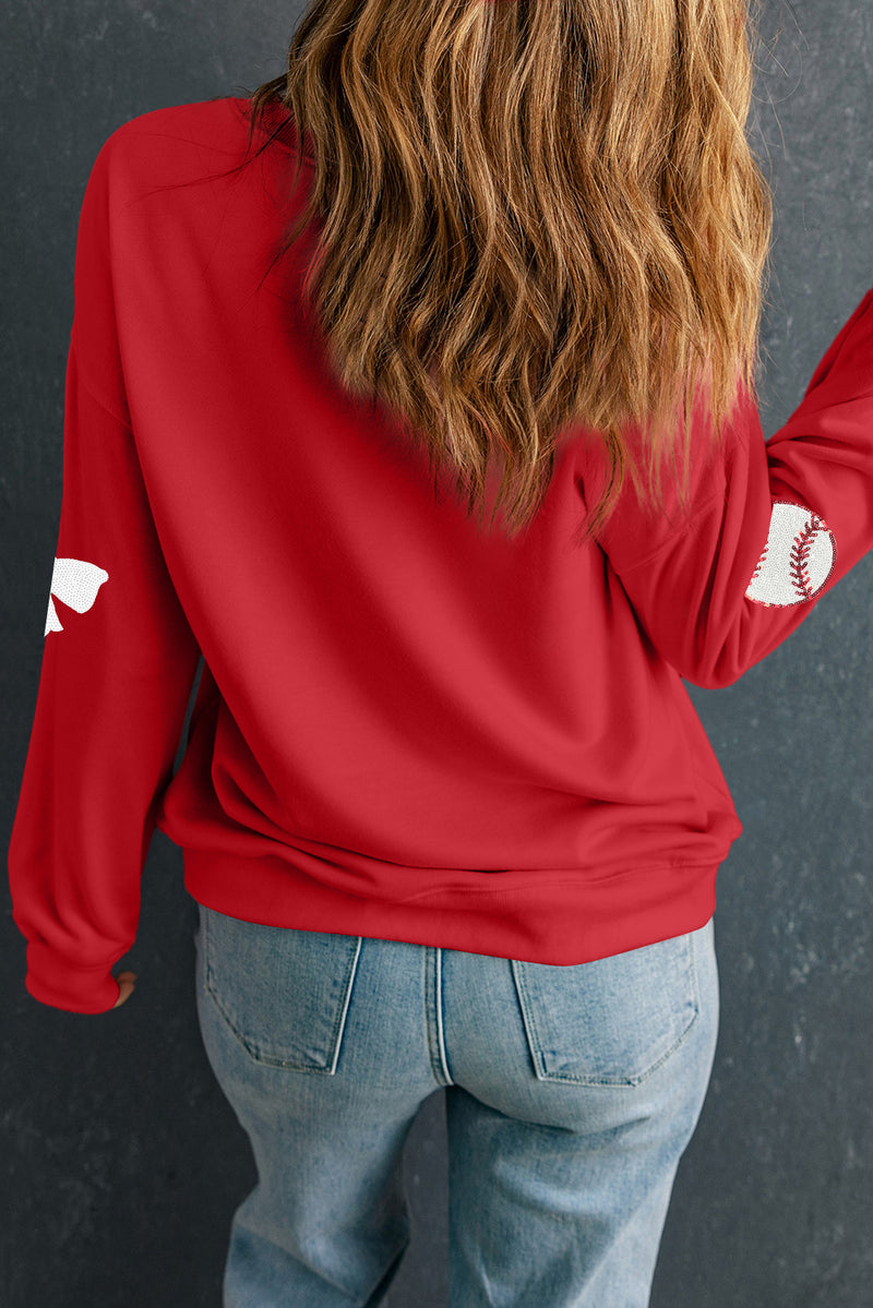 Sequin Baseball Bow Patched Pattern Game Day Pullover Sweatshirt