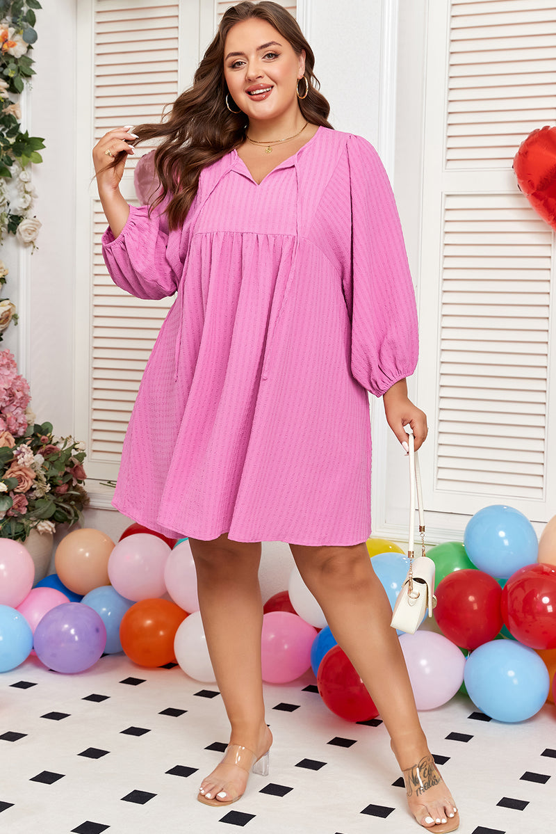 Plus Size Textured Tie Split Neck Puff Sleeve Flowy Mini Dress