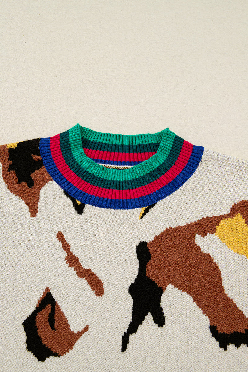 Contrast Ribbed Stripes Detail Animal Pattern Knit Sweater