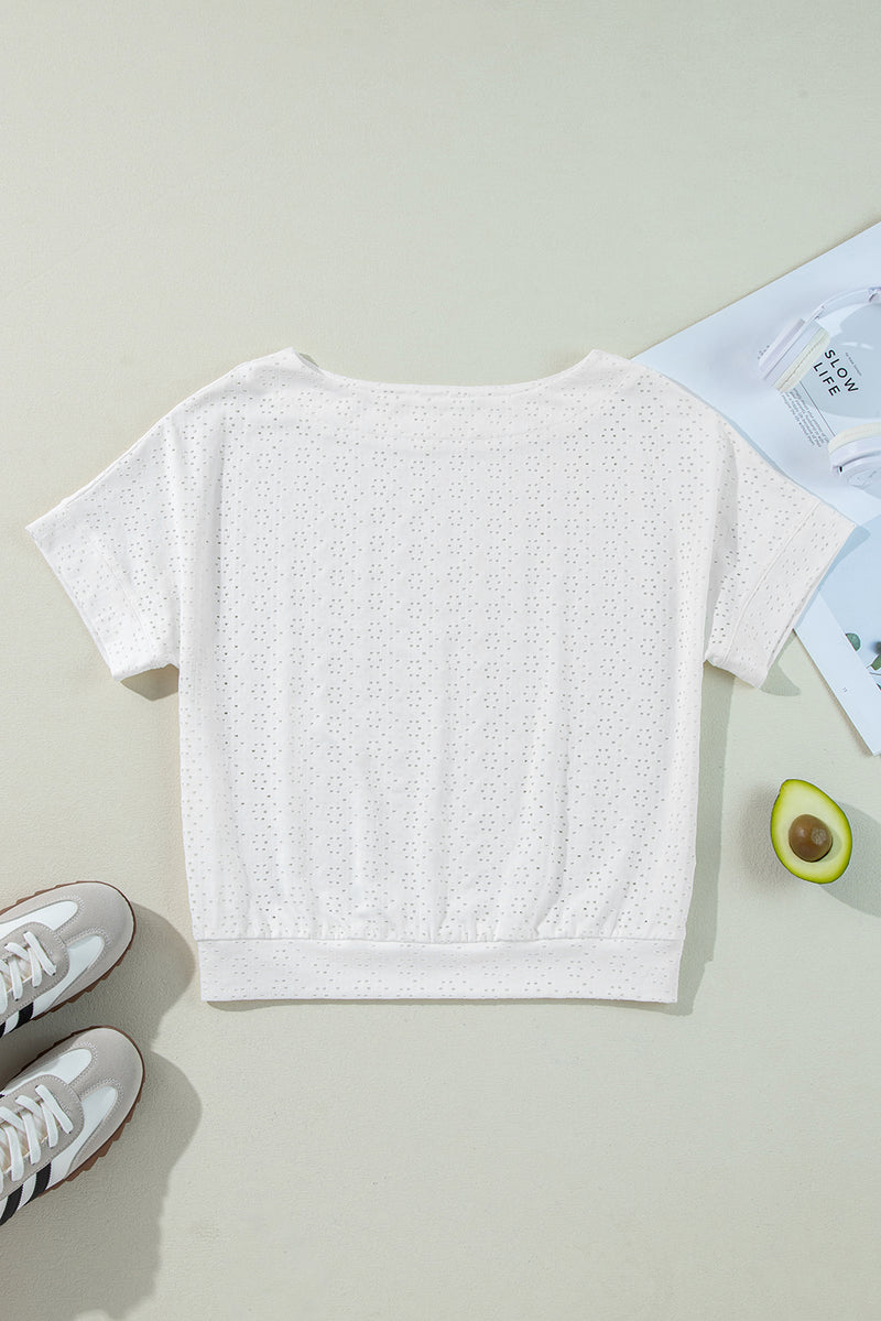 Eyelet Pattern Boat Neck Casual Tee
