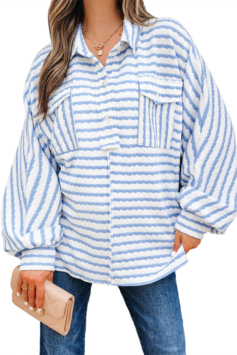 Stripe Half Button Collared Chest Pockets Loose Fit Blouse