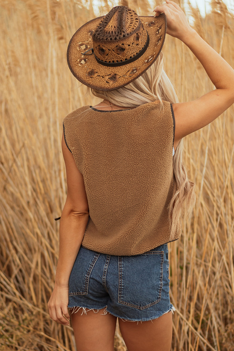 French Beige Contrast Trim Tie Front Sherpa Vest
