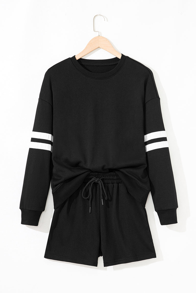 Varsity Striped Sleeve Drop Shoulder Sweatshirt and Short Set