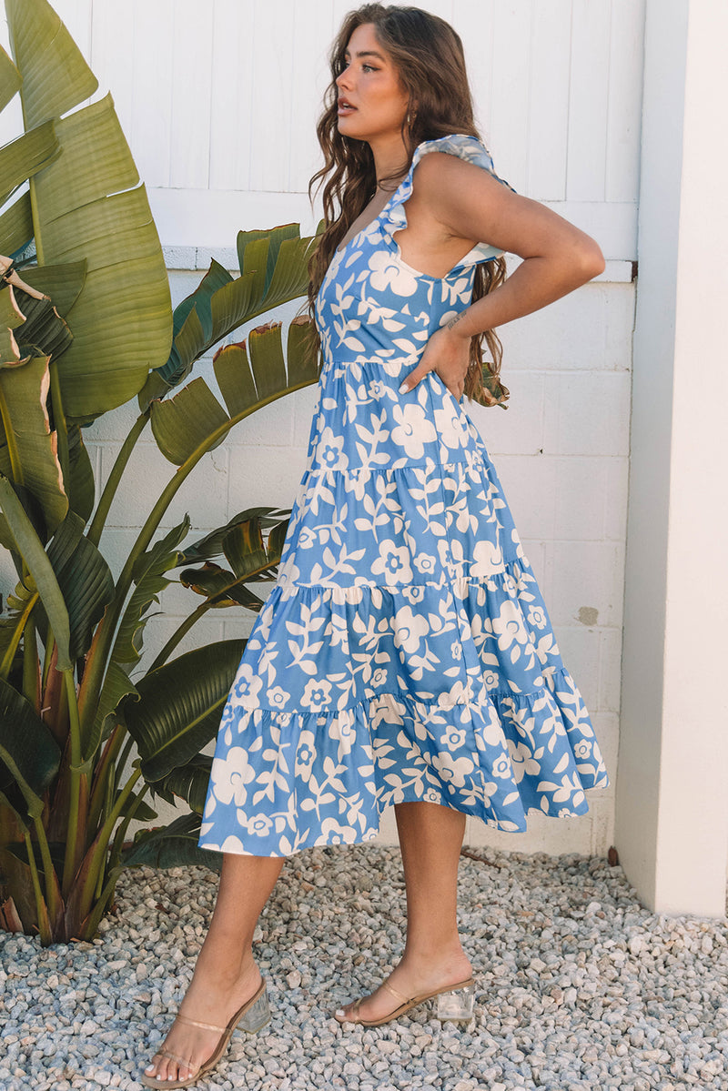 Floral U Neck Flutter Shoulder Tiered Flowy Midi Dress