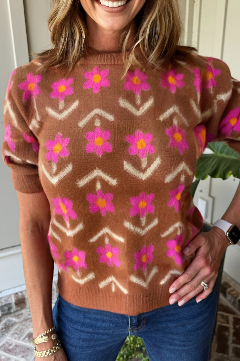 Floral Short Puff Sleeve Sweater