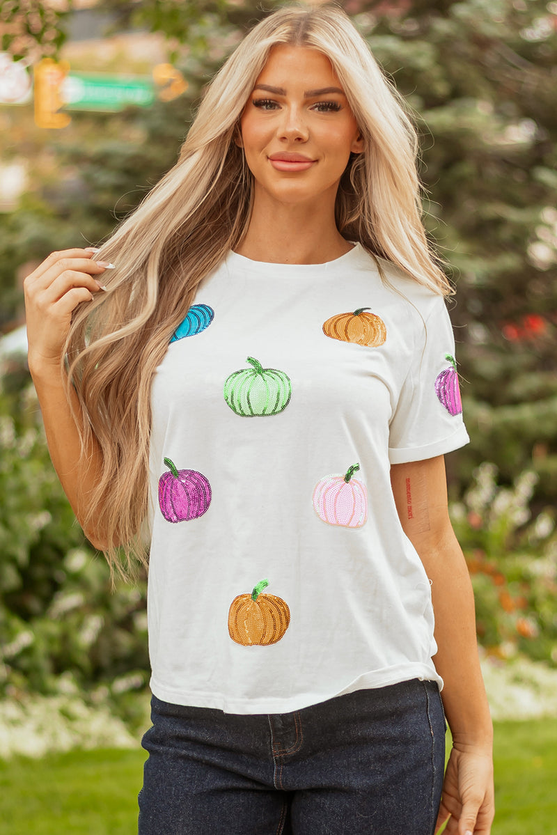 Sequin Pumpkin Patched Cotton Blend T Shirt