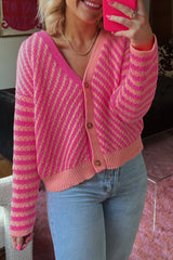 Striped Buttoned V Neck Drop Shoulder Cardigan