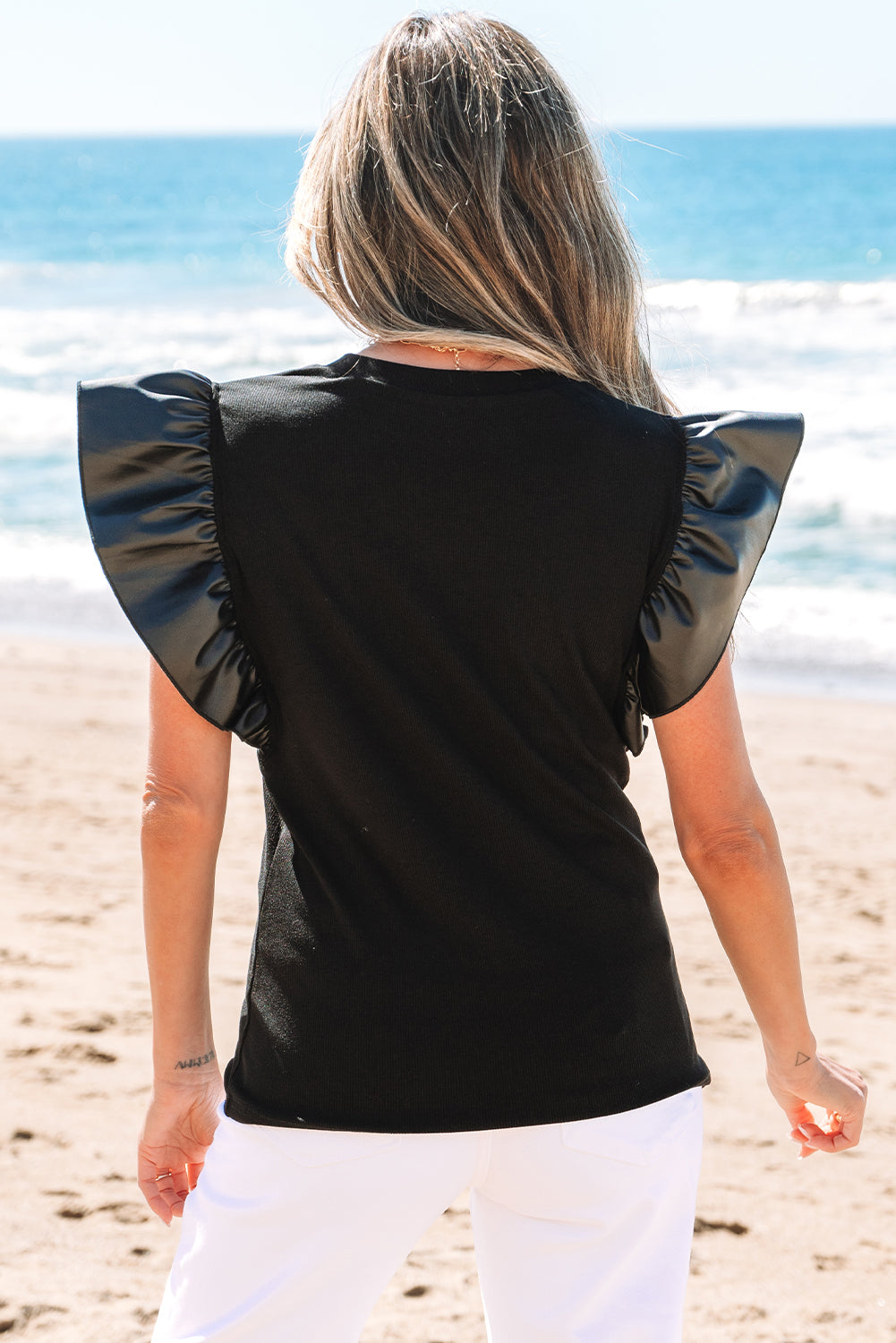 Solid Leather Ruffle Sleeve Patchwork Round Neck Blouse