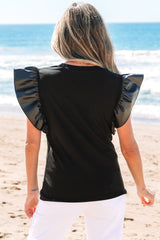 Solid Leather Ruffle Sleeve Patchwork Round Neck Blouse