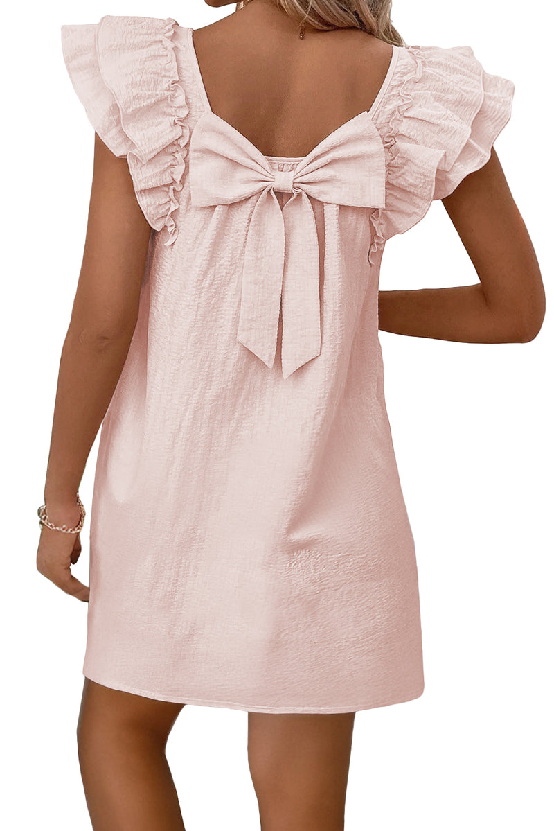 Textured Flutter Sleeve Square Neck Bow Back Mini Dress