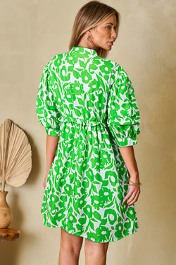 Floral Print Puff Half Sleeve V Neck Babydoll Dress