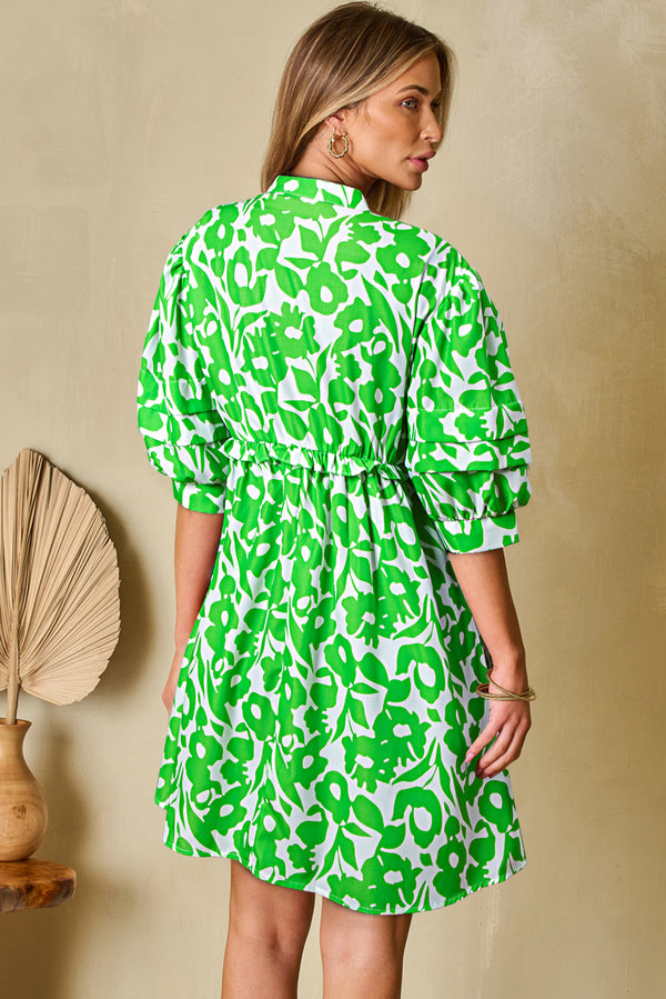 Floral Print Puff Half Sleeve V Neck Babydoll Dress