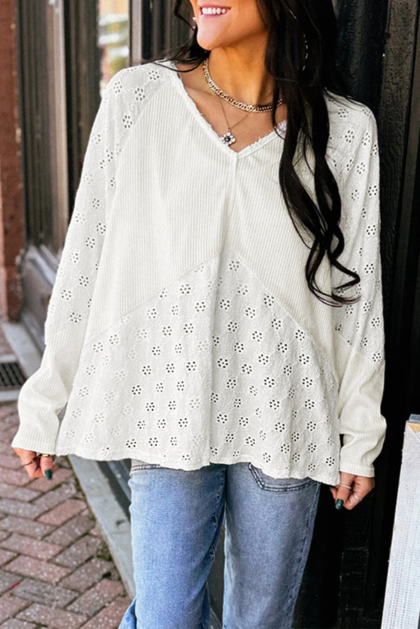 Twisted Rib Patchwork Embroidered Loose V Neck Long Sleeve Top