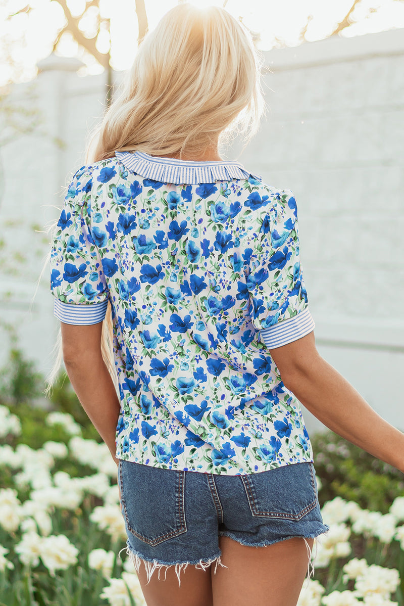 Red Floral Print Striped Patchwork Collared Short Sleeve Blouse