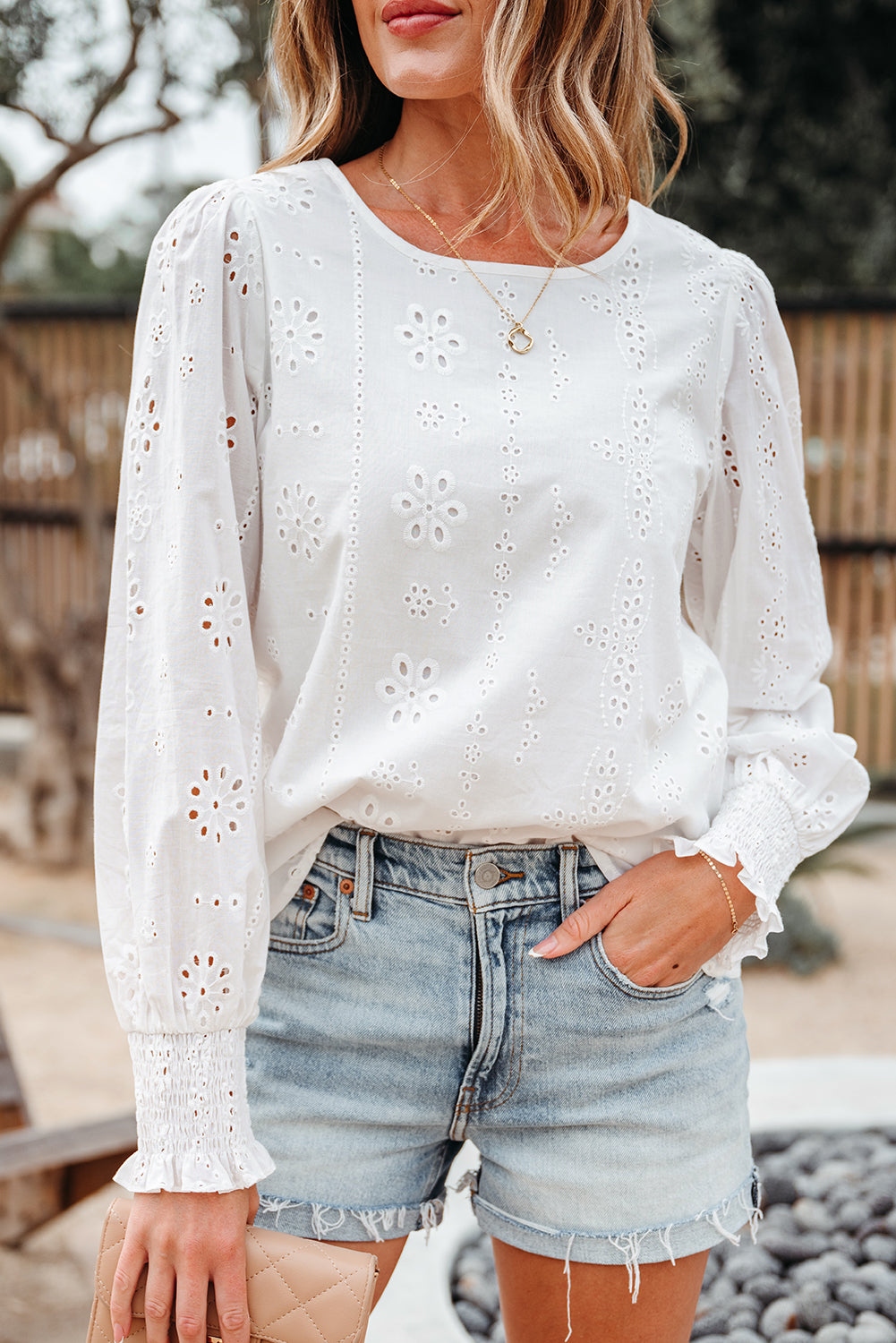 Eyelet Embroidered Smocked Cuff Sheer Blouse