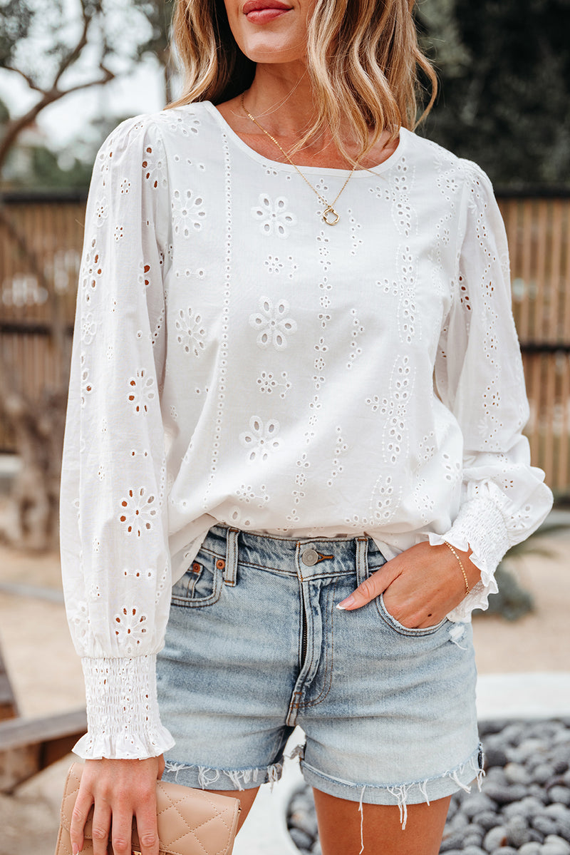 Eyelet Embroidered Smocked Cuff Sheer Blouse