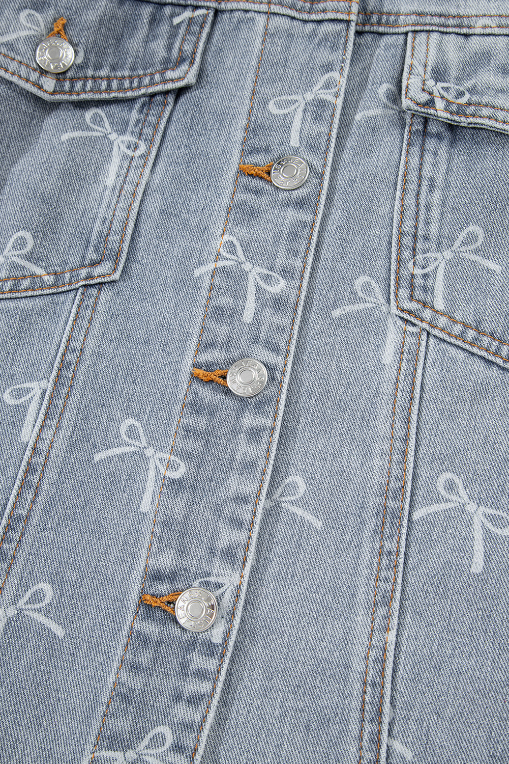 Bow Knot Print Light Wash Raw Hem Denim Jacket