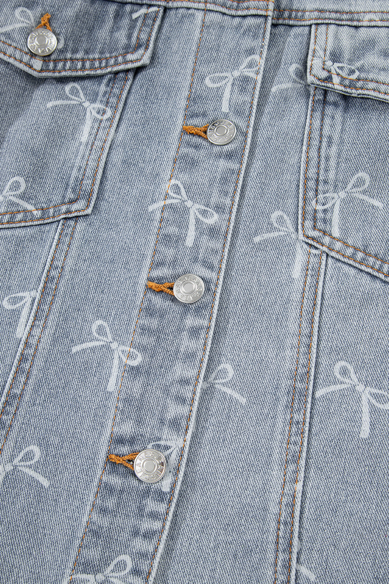 Bow Knot Print Light Wash Raw Hem Denim Jacket