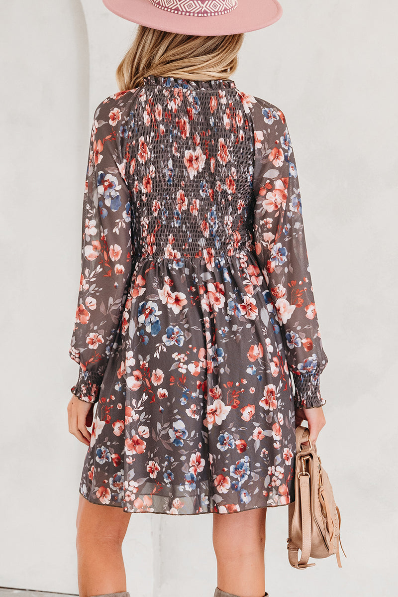 Frilly Smocked Bodice Floral Mesh Long Sleeve Mini Dress