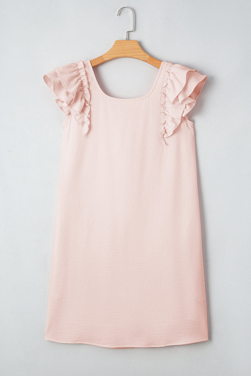Textured Flutter Sleeve Square Neck Bow Back Mini Dress